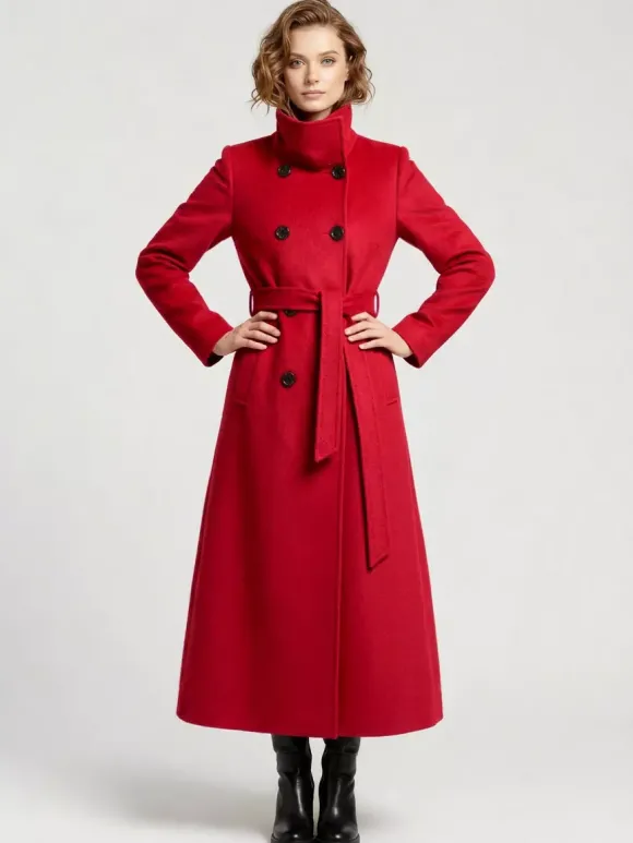 Manteau long en laine ceinturé à double boutonnage et col montant pour femme 2026