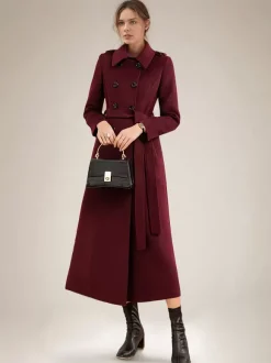 Manteau long en laine mélangée pour femme bordeaux à double boutonnage avec ceinture et col rabattu vêtement d'extérieur classique d'hiver 2026