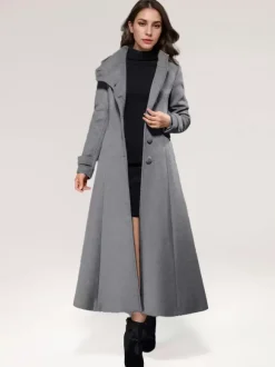 Manteau long en laine mélangée A-line évasé col montant élégant gris vintage vêtements d'extérieur d'hiver pour femmes 2026