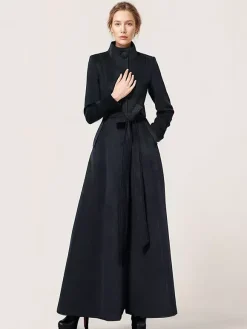 Manteau long en laine mélangée à col montant avec ceinture vêtement d'extérieur d'hiver classique et chaud pour femme 2026