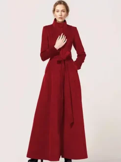 Manteau long en laine mélangée à col montant avec ceinture vêtement d'extérieur d'hiver classique et chaud pour femme 2026
