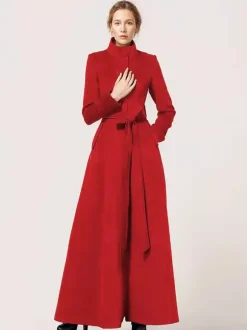 Manteau long en laine mélangée à col montant avec ceinture vêtement d'extérieur d'hiver classique et chaud pour femme 2026