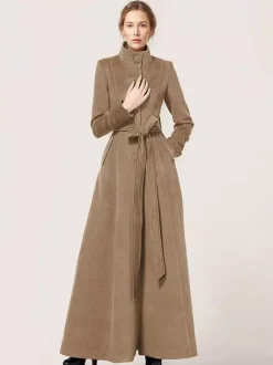 Manteau long en laine mélangée à col montant avec ceinture vêtement d'extérieur d'hiver classique et chaud pour femme 2026