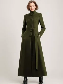 Manteau long en mélange de laine noir avec ceinture et col montant pour femme vêtement d'extérieur d'hiver long pour femme 2026