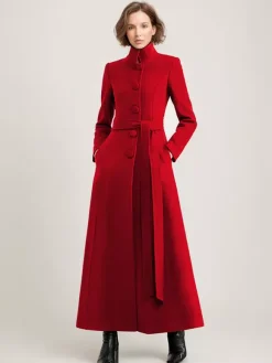 Manteau long en mélange de laine noir avec ceinture et col montant pour femme vêtement d'extérieur d'hiver long pour femme 2026