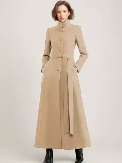 Manteau long en mélange de laine noir avec ceinture et col montant pour femme vêtement d'extérieur d'hiver long pour femme 2026