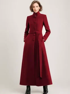 Manteau long en mélange de laine noir avec ceinture et col montant pour femme vêtement d'extérieur d'hiver long pour femme 2026