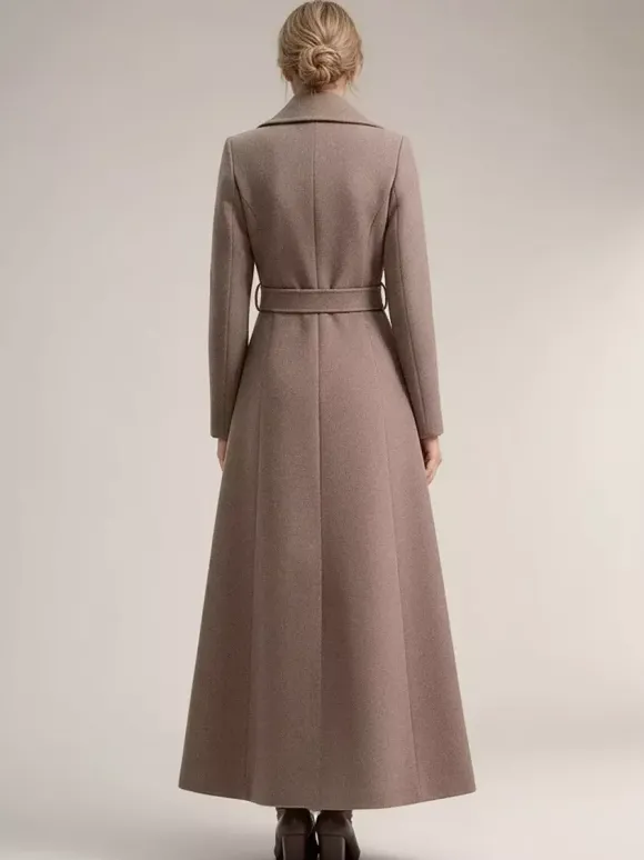 Manteau Long Femme Hiver Camel Col Rabattu Manches Longues Ceinture Manteau D'hiver Décontracté