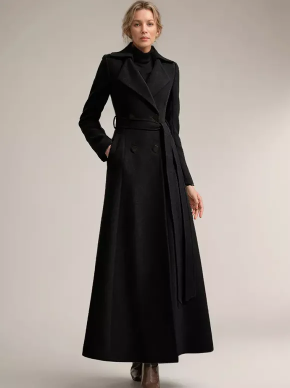 Manteau Long Femme Hiver Camel Col Rabattu Manches Longues Ceinture Manteau D'hiver Décontracté