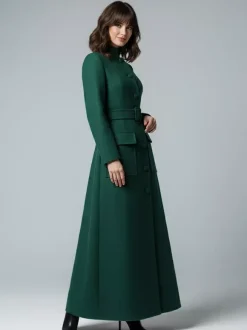 Manteau long maxi en laine avec col montant et poches à rabat pour femme 2026