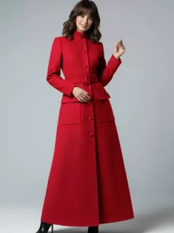 Manteau long maxi en laine avec col montant et poches à rabat pour femme 2026