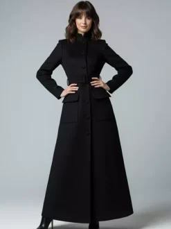 Manteau long maxi en laine avec col montant et poches à rabat pour femme 2026