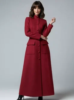 Manteau long maxi en laine avec col montant et poches à rabat pour femme 2026