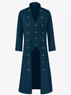 Manteau long noir pour homme style steampunk victorien rétro avec lacets au dos et double boutonnage style vintage