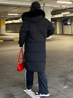 Manteau Matelassé Long Femme Comme Doudoune à Capuche avec Manches Longues à Zip avec Poches Unicolore Manteau Femme