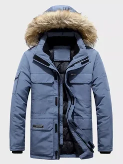 Manteau matelassé mi-long épais à capuche pour homme