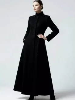 Manteau maxi trapèze en laine mélangée avec col montant pour femme 2026