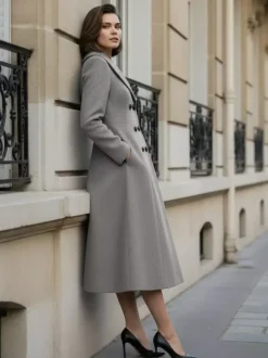 Manteau midi trapèze croisé en laine avec col châle pour femme 2026
