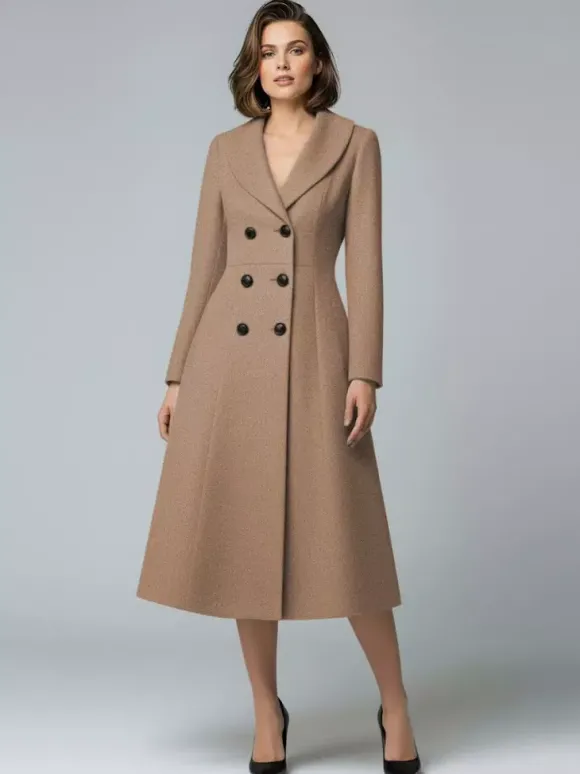 Manteau midi trapèze croisé en laine avec col châle pour femme 2026