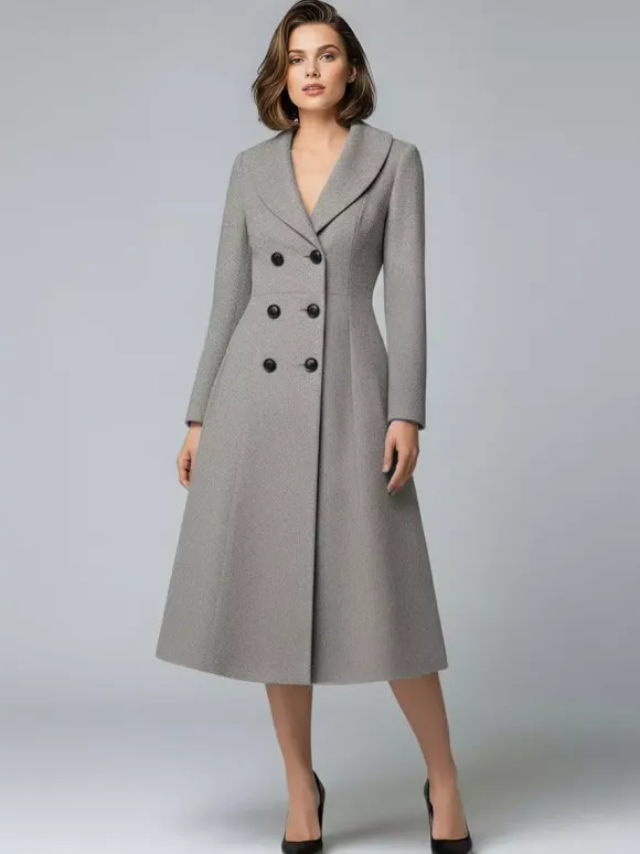 Manteau midi trapèze croisé en laine avec col châle pour femme 2026