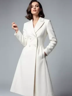 Manteau mi-long croisé en laine blanche avec revers pointus et découpe en X pour femme 2026