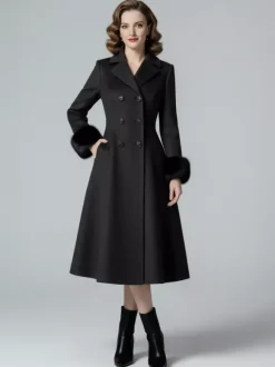 Manteau mi-long évasé croisé en laine mélangée avec poignets en fausse fourrure noire pour femme 2026