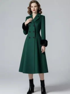 Manteau mi-long évasé croisé en laine mélangée avec poignets en fausse fourrure noire pour femme 2026