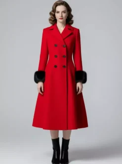 Manteau mi-long évasé croisé en laine mélangée avec poignets en fausse fourrure noire pour femme 2026