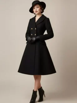 Manteau mi-long évasé en laine coupe trapèze croisé style vintage pour femme (collection 2026)