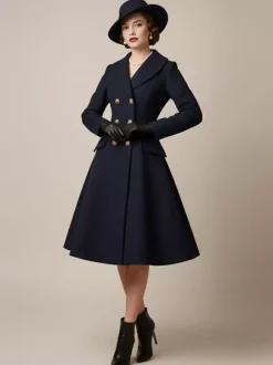 Manteau mi-long évasé en laine coupe trapèze croisé style vintage pour femme (collection 2026)