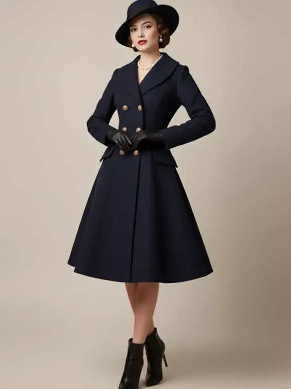 Manteau mi-long évasé en laine coupe trapèze croisé style vintage pour femme (collection 2026)