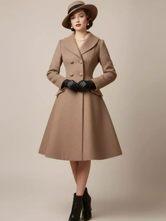 Manteau mi-long évasé en laine coupe trapèze croisé style vintage pour femme (collection 2026)
