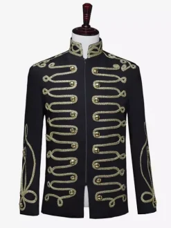 Manteau noir vintage à boutons rétro et blocs de couleurs à manches longues en polyester pour homme