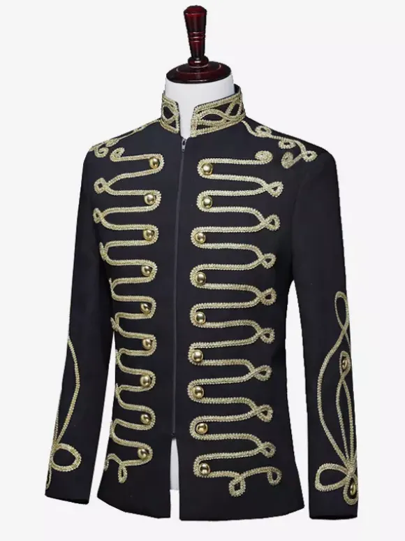 Manteau noir vintage à boutons rétro et blocs de couleurs à manches longues en polyester pour homme
