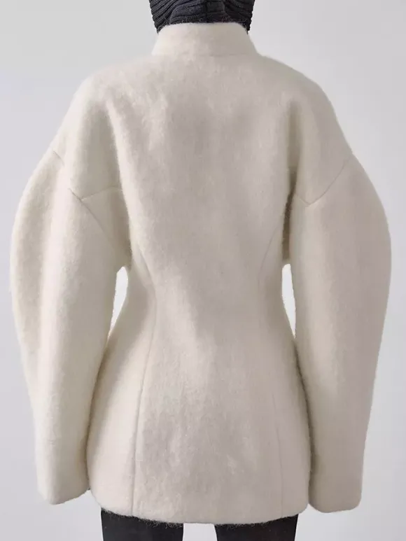 Manteau péplum en laine mélangée pour femme col montant manches chauve-souris et taille cintrée