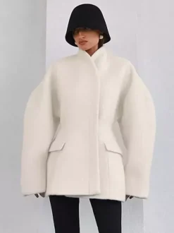 Manteau péplum en laine mélangée pour femme col montant manches chauve-souris et taille cintrée