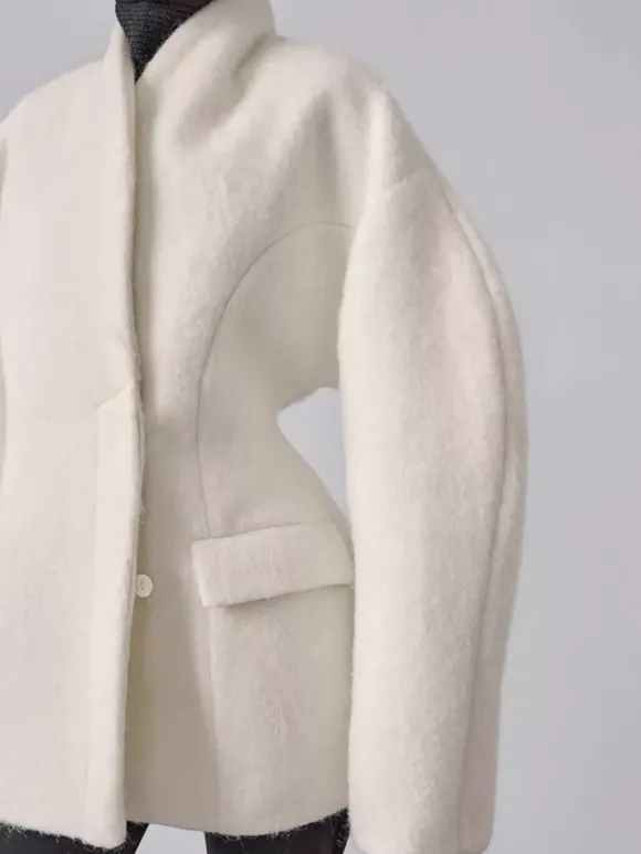 Manteau péplum en laine mélangée pour femme col montant manches chauve-souris et taille cintrée