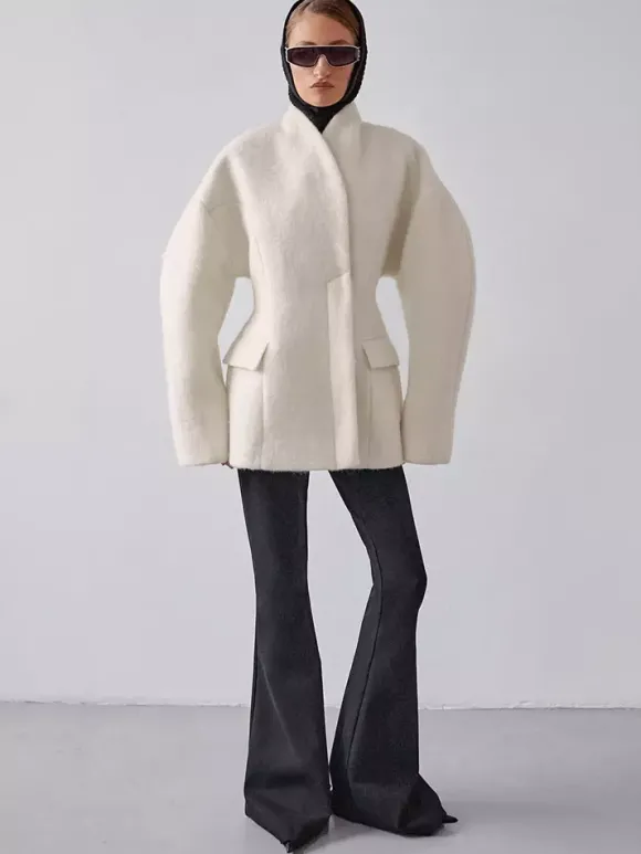 Manteau péplum en laine mélangée pour femme col montant manches chauve-souris et taille cintrée