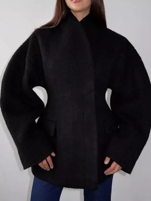 Manteau péplum en laine mélangée pour femme col montant manches chauve-souris et taille cintrée