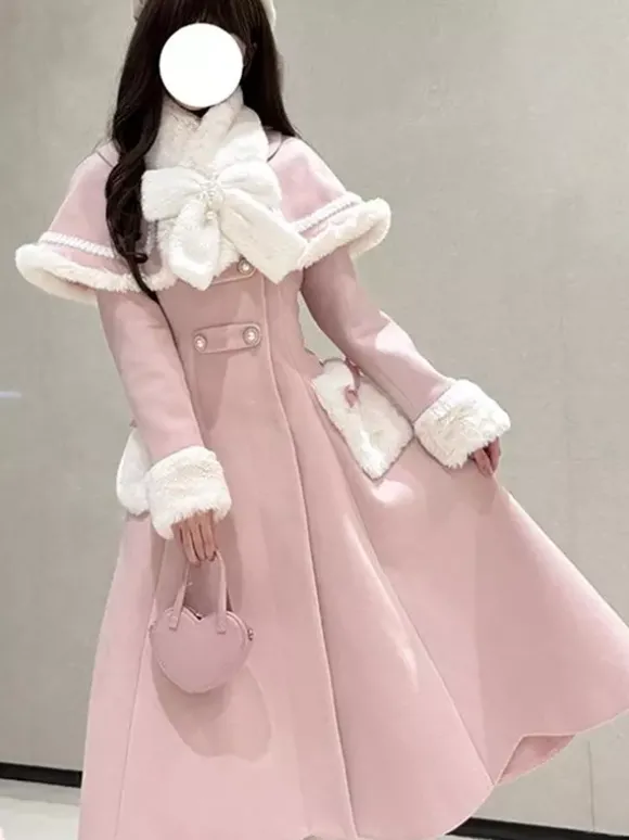 Manteau Sweet Lolita rose et blanc à n艙uds cape pardessus manteau d'hiver Lolita