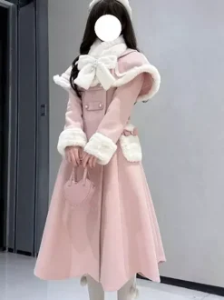 Manteau Sweet Lolita rose et blanc à n艙uds cape pardessus manteau d'hiver Lolita