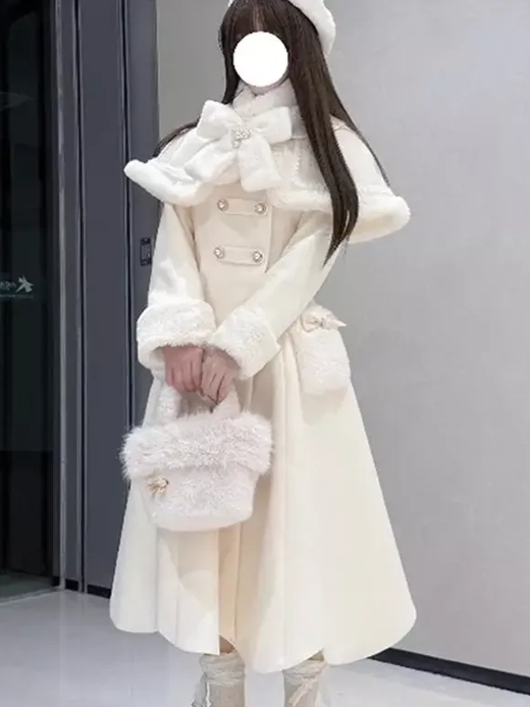 Manteau Sweet Lolita rose et blanc à n艙uds cape pardessus manteau d'hiver Lolita