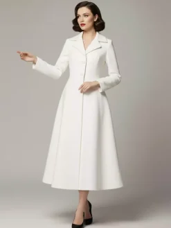 Manteau trapèze classique vintage en laine blanche à revers pour femme 2026
