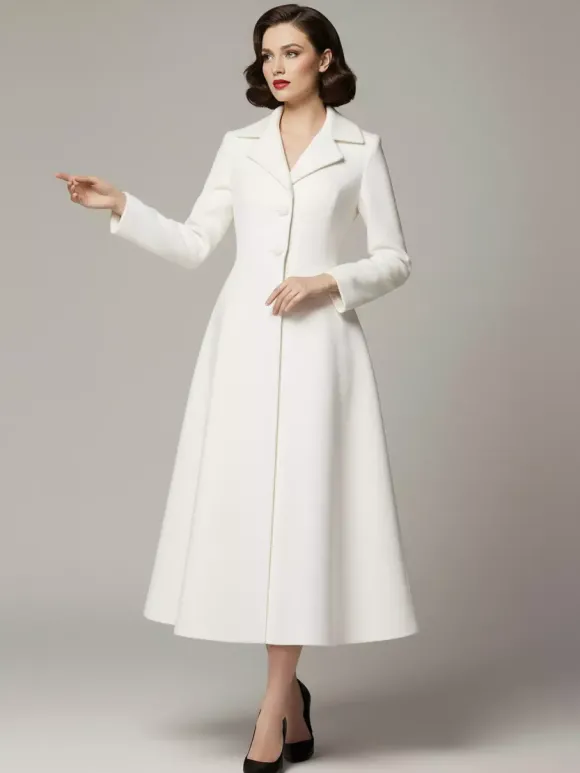 Manteau trapèze classique vintage en laine blanche à revers pour femme 2026