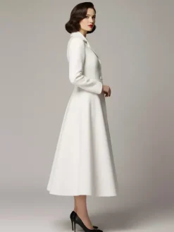 Manteau trapèze classique vintage en laine blanche à revers pour femme 2026