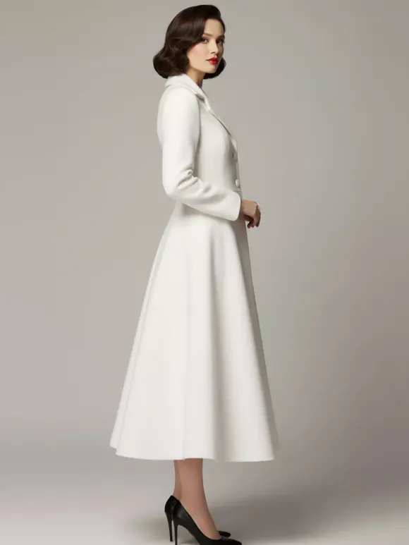 Manteau trapèze classique vintage en laine blanche à revers pour femme 2026