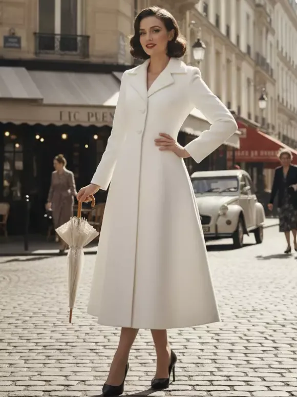 Manteau trapèze classique vintage en laine blanche à revers pour femme 2026