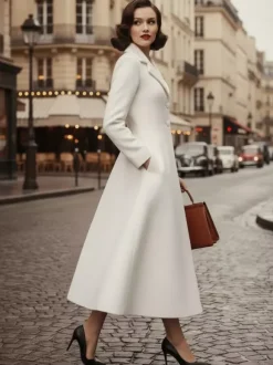 Manteau trapèze classique vintage en laine blanche à revers pour femme 2026