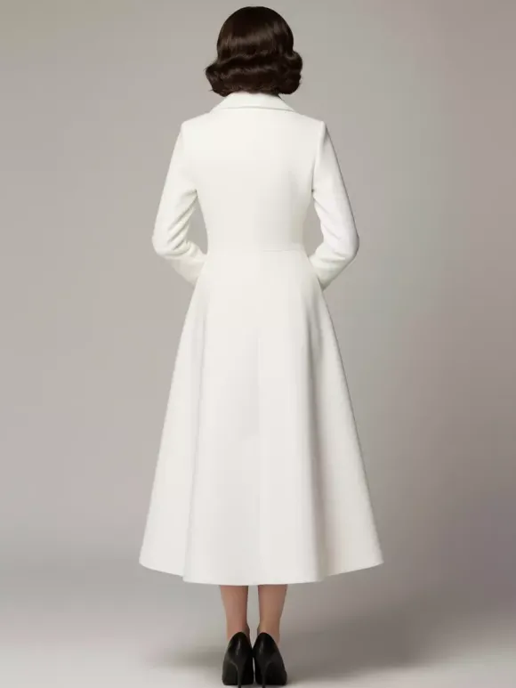 Manteau trapèze classique vintage en laine blanche à revers pour femme 2026