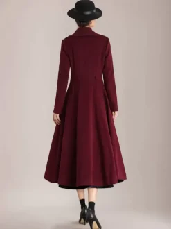 Manteau évasé en laine bordeaux à col châle vintage à double boutonnage pour femme vêtement d'extérieur d'hiver en forme de A 2026